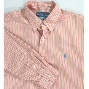 Ralph Lauren Button Down Shirt 15.5 32/33 Peach Striped Custom Fit Long Sleeve